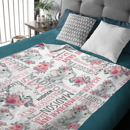 Flower Elephant Baby Girl Name Custom Blanket