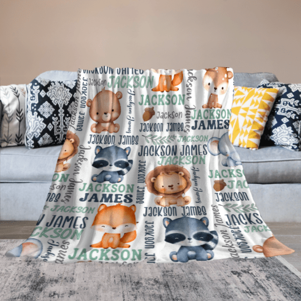 Personalized Woodland Animals Baby Name Blanket - Custom Name Gift