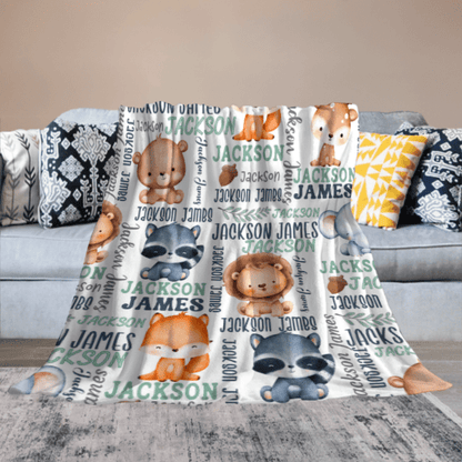 Personalized Woodland Animals Baby Name Blanket - Custom Name Gift