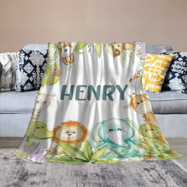 Personalized Custom Name Jungle Cute Animals Baby Blanket - Baby Shower Gifts