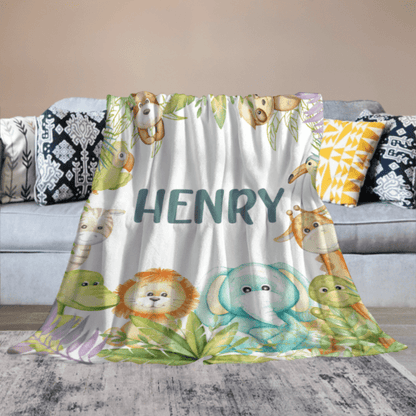 Personalized Custom Name Jungle Cute Animals Baby Blanket - Baby Shower Gifts