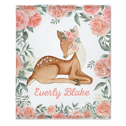 Personalized Girl Woodland Peach Floral Deer Baby Blanket