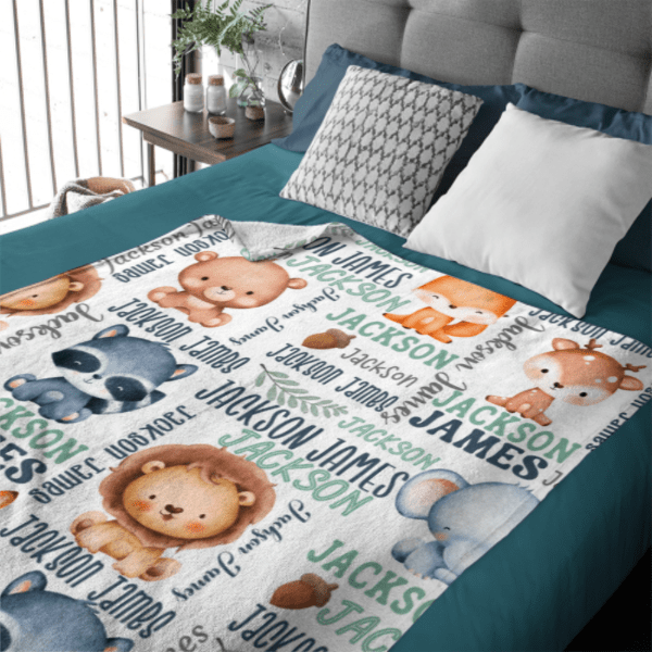 Personalized Woodland Animals Baby Name Blanket - Custom Name Gift