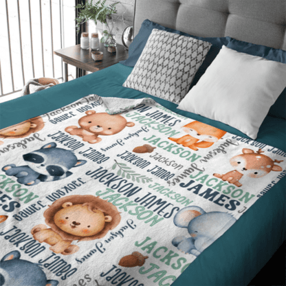 Personalized Woodland Animals Baby Name Blanket - Custom Name Gift