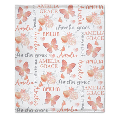 Personalized Butterfly Coral Floral Baby Girl Name Blanket