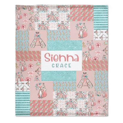 Personalized Flower Crown Fox Girls Boho Baby Blanket