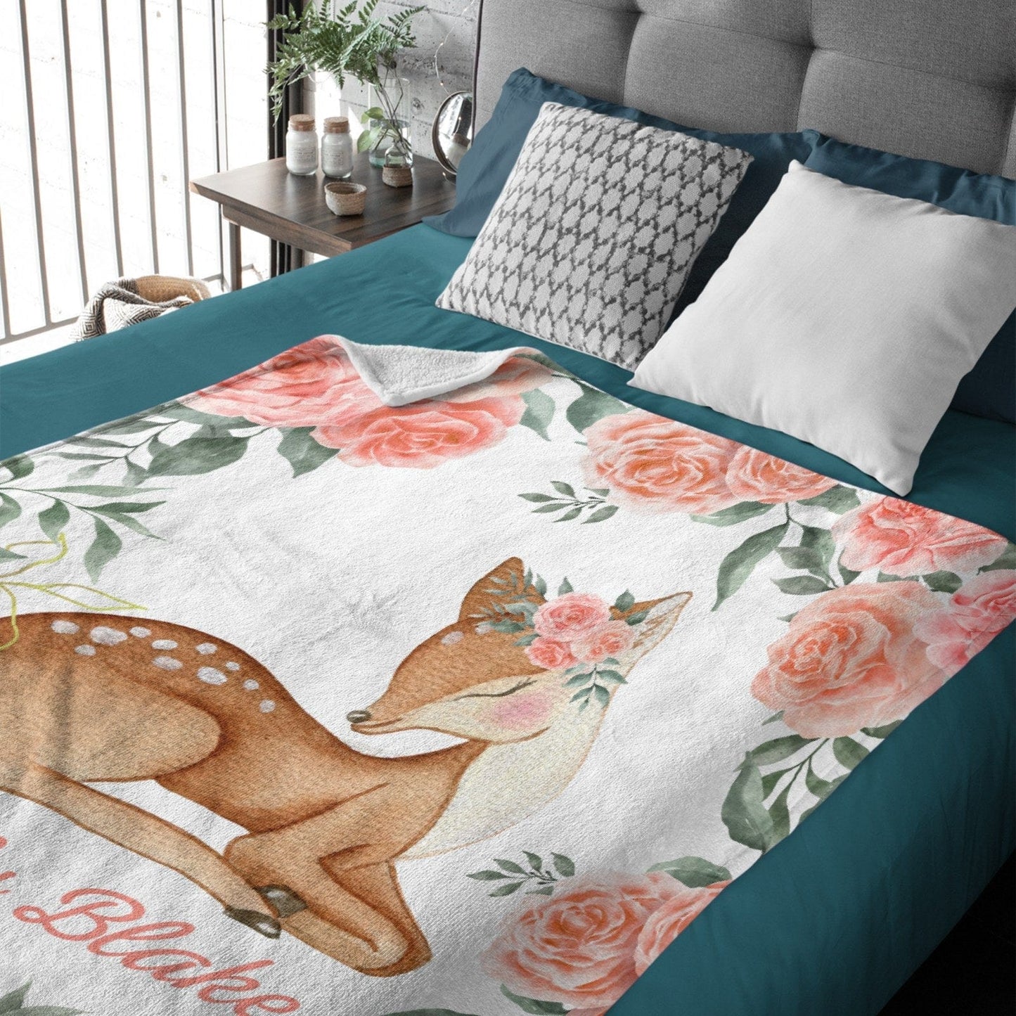 Personalized Girl Woodland Peach Floral Deer Baby Blanket