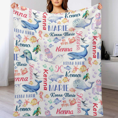 Personalized Whale Sea Animals Custom Name Baby Blanket
