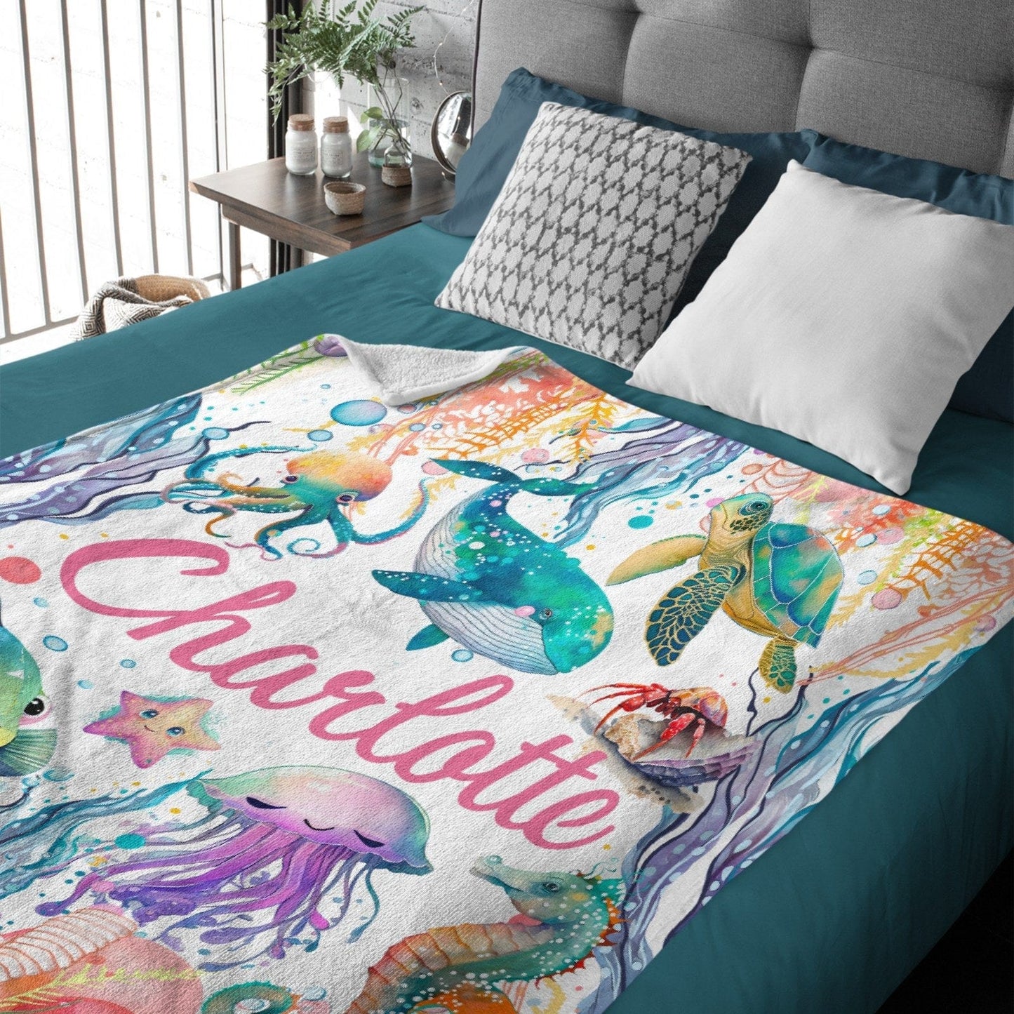 Personalized Baby Toddler Name Blanket-Watercolor Sea Animals