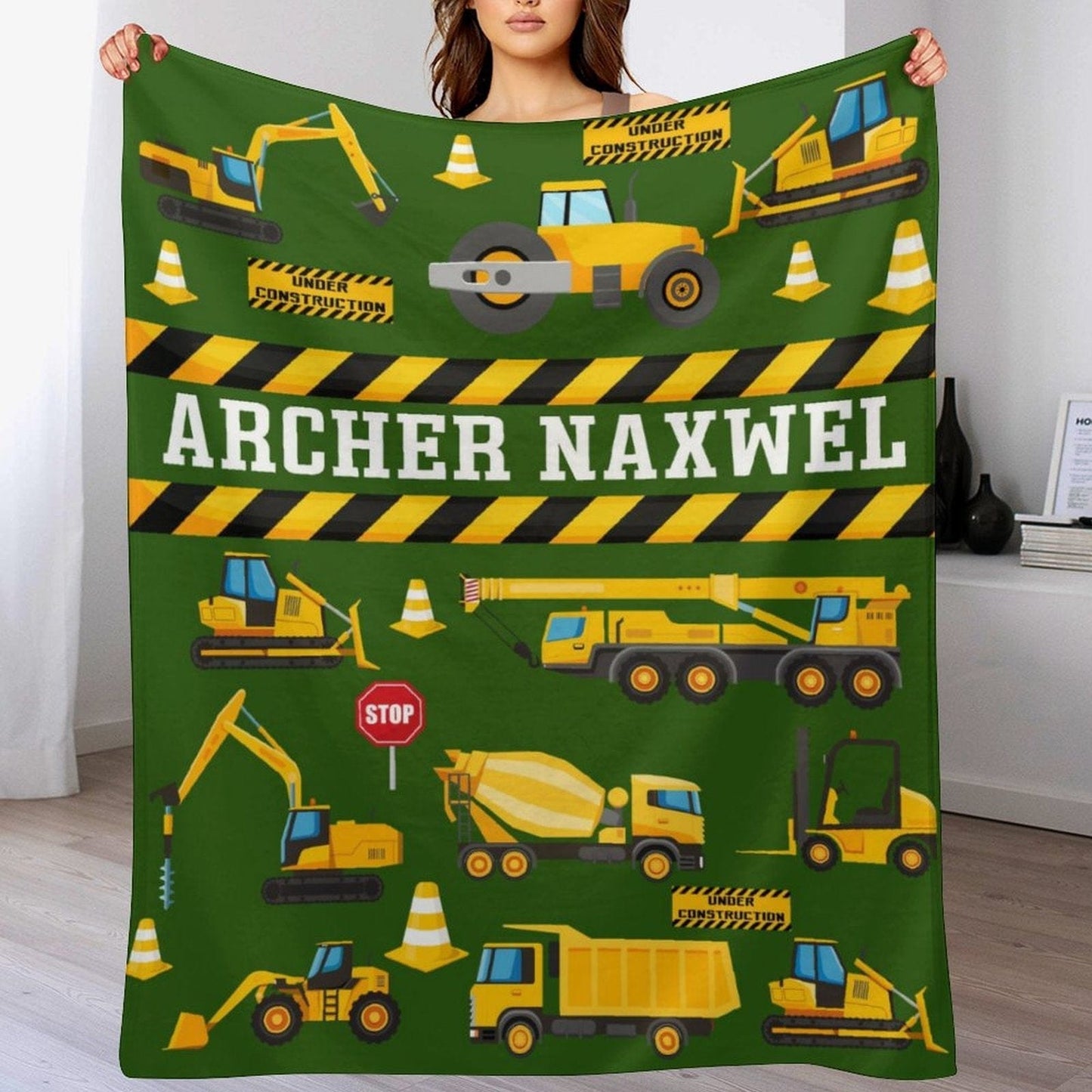 Personalized Name Custom Construction Vehicle Theme Blanket