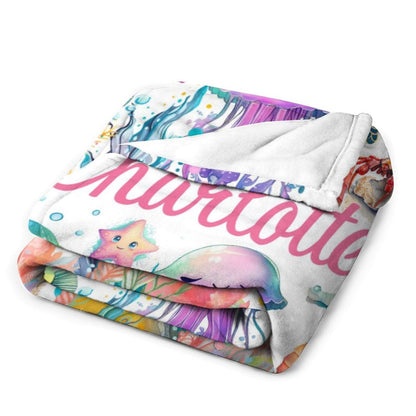 Personalized Baby Toddler Name Blanket-Watercolor Sea Animals
