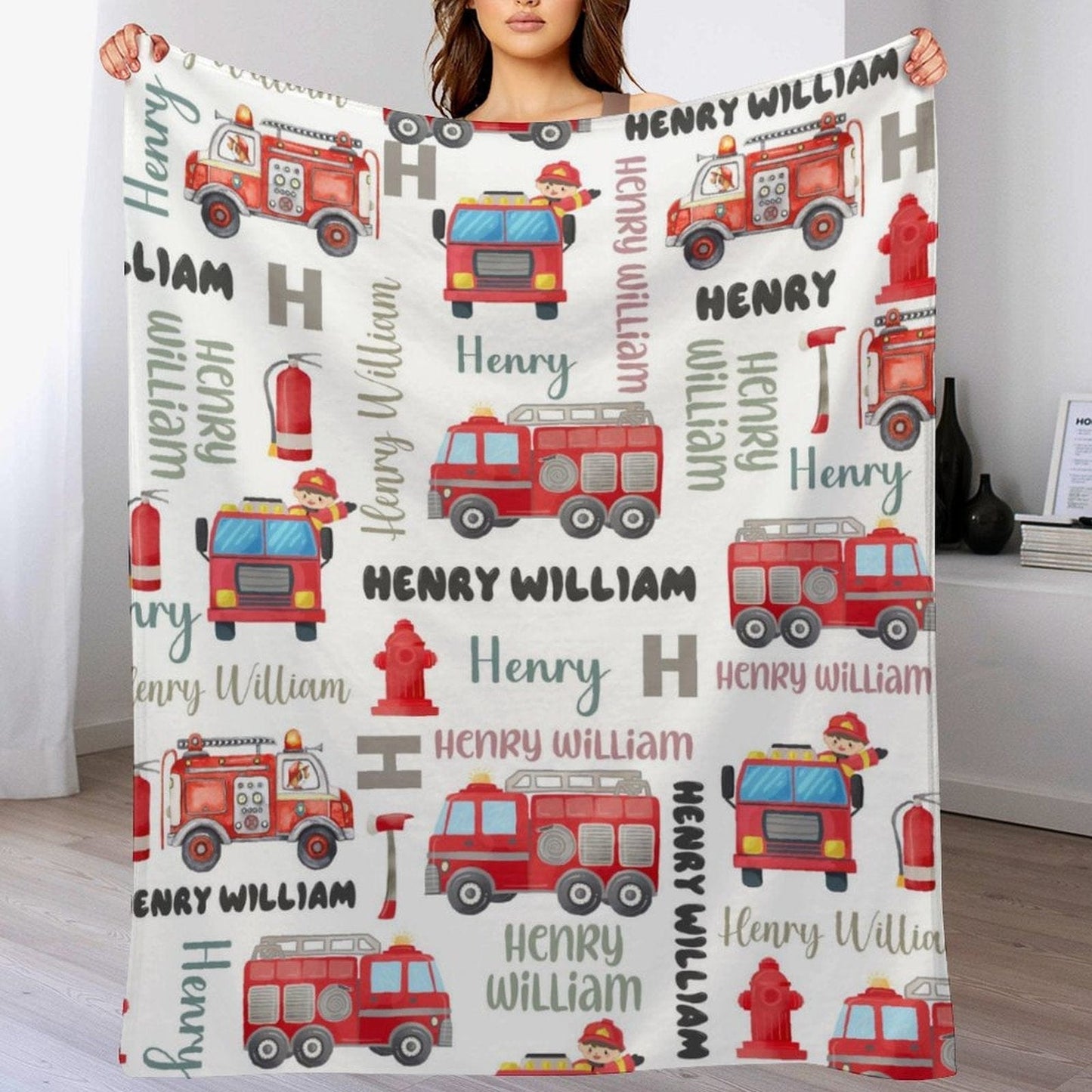 Personalized Name FireTruck Theme Baby Blanket