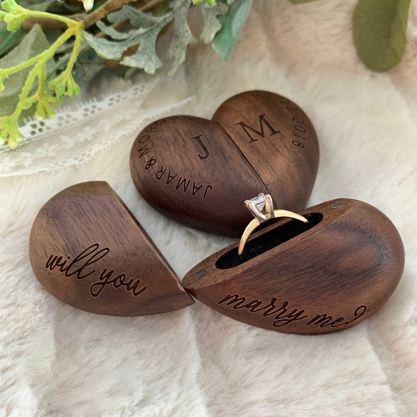 Custom Engraved Wood Heart Ring Box
