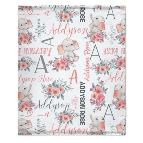 Personalized Custom Name Baby Girl Elephant Blanket - Baby Gift - Virudhaka