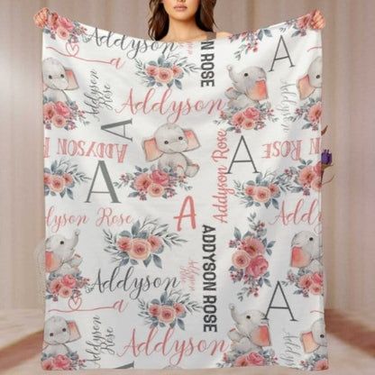 Personalized Custom Name Baby Girl Elephant Blanket - Baby Gift - Virudhaka